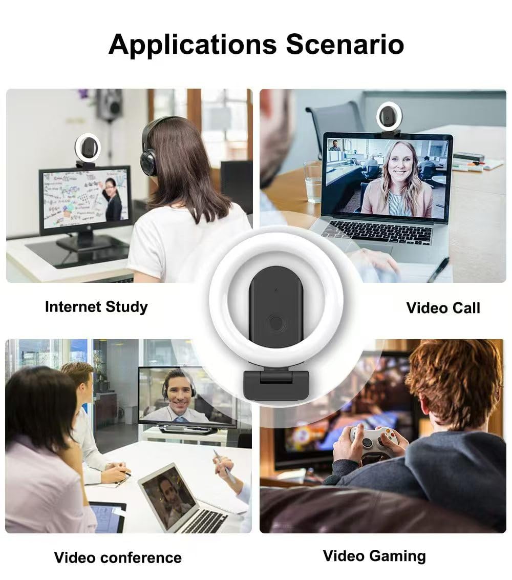 Cámara web 4K Ultra HD con micrófono, luz de relleno de 3 colores y cubierta de privacidad, cámara web de enfoque automático de gran angular de 90° con trípode y adaptador USB C, Plug & Play