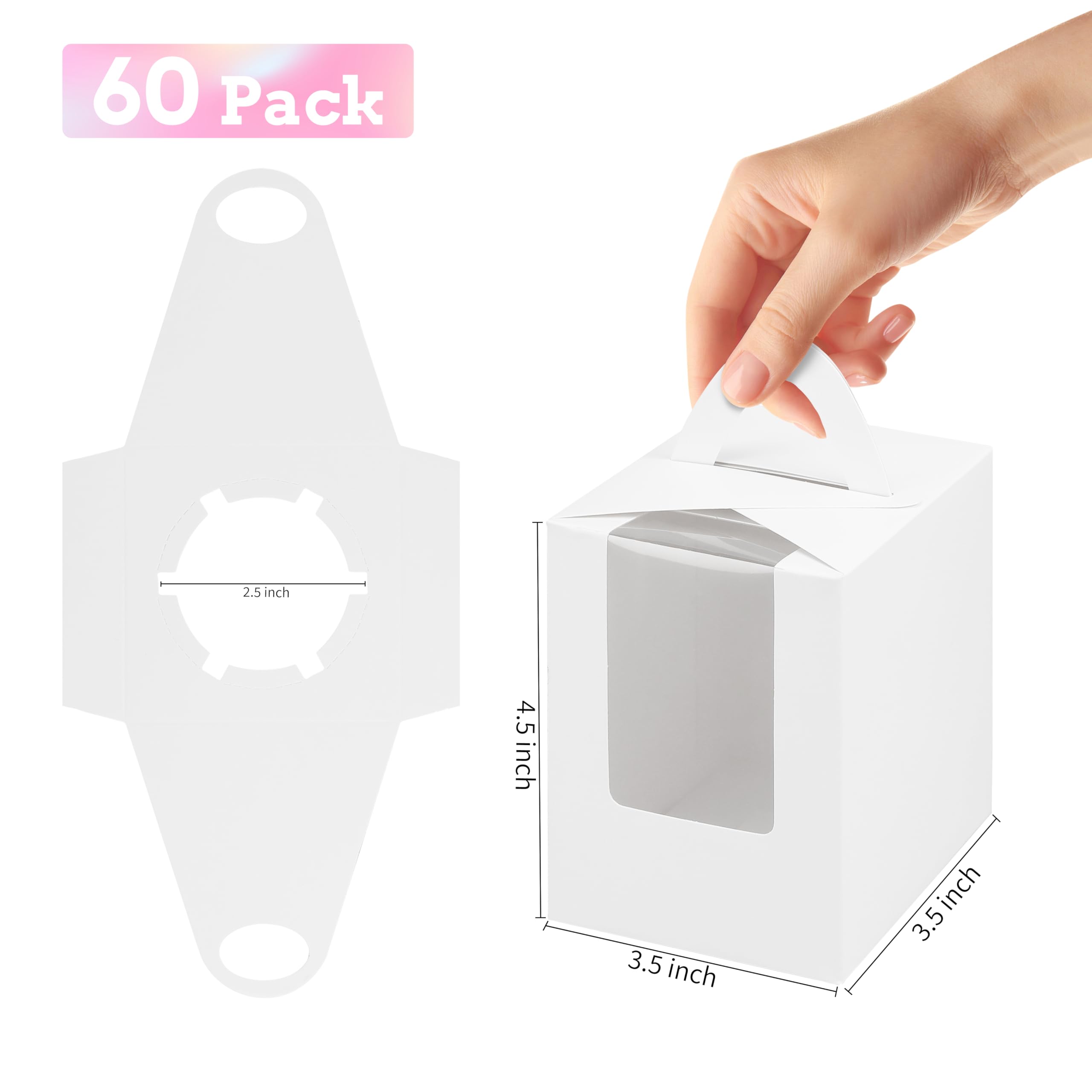 KGVZPT 60 Packs White Cupcake Boxes Carriers with Window&Inserts Handle,3.5x3.5x4.5 Inch,Portable,Individual Cupcake Containers Cardboard Holders for Cookies,Donuts,Candy,Muffins(with Stickers)