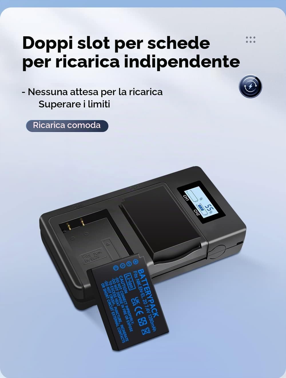 2 pezzi EN-EL20 EN-EL20a Batterie e Smart LCD Display Caricatore USB doppio per Nikon Coolpix P1100, P950, P1000, DL24-500, Coolpix A, 1 AW1, 1 J1, 1 J2, 1 J3, 1 S1, 1 V3 Fotocamera Digitale