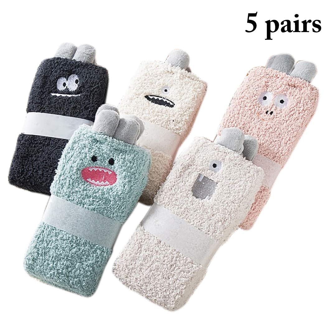 Lot de 5 paires de chaussettes femme, motif cartoon mignon, chaussettes mi-mollet épaissies en peluche, chaussettes chaussons pour la maison