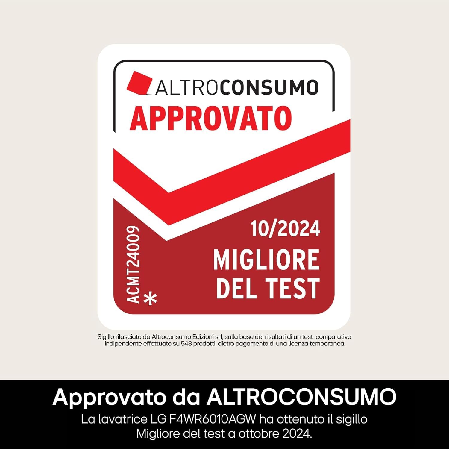 LG AI DD F4WR6010AGW Lavatrice 10 kg Serie R5, Carica Frontale, Classe A-10%, 1400 giri, TurboWash 360, Lavaggio a vapore, Motore Direct Drive, Smart Diagnosis, Libera installazione, Bianca