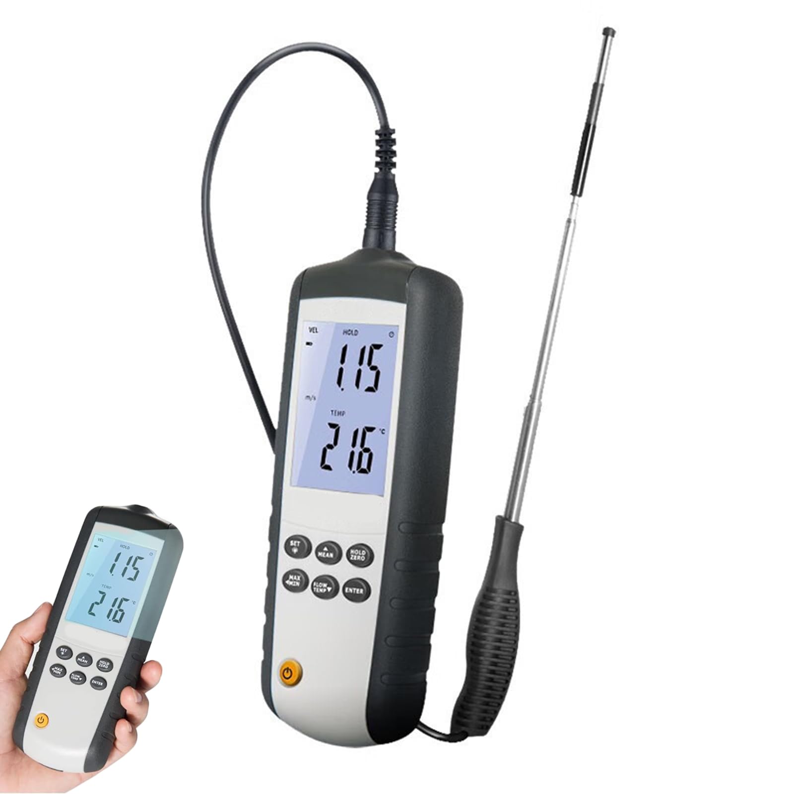 ZephPerton Professional Air Flow Velocity Meter, Handheld Wind Speed Meter 0.1-25m/s with CFM/CMM Air Volume, 0.01 Resolution & Backlit LCD for HVAC Duct Airflow, Environmental Testing, Flow Hoods