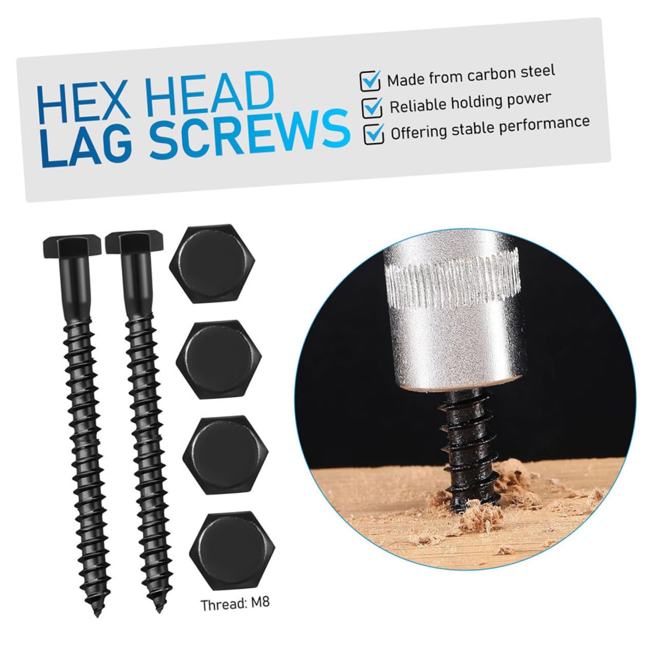 Veemoon Lot de 20 Tire-fonds Noirs en Acier Carbone Tête Carrée Unique, Filetage M8, pour Construction Bois et Réparations Maintien Sécurisé et Polyvalent