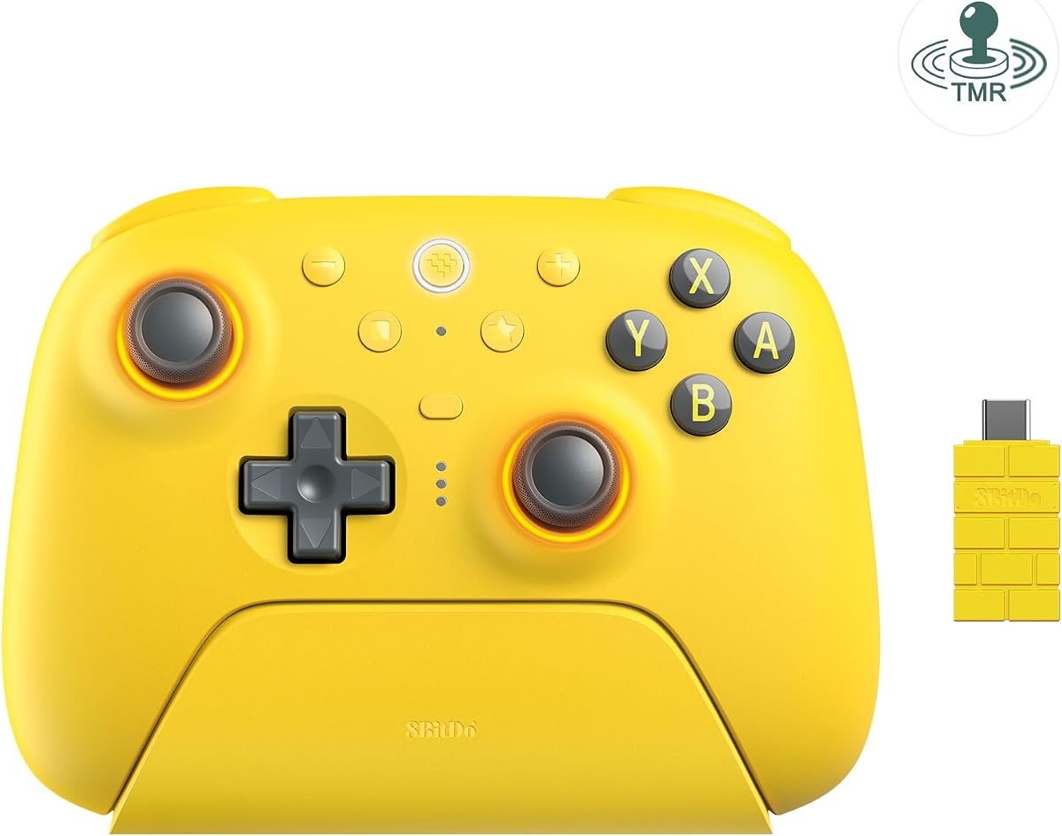 8Bitdo Ultimate 2 Controlador Bluetooth para Switch/Switch 2, Windows y PC, TMR Joysticks Switch Pro Controller, Efecto Hall/Disparadores táctiles, Vibración, Control de movimiento, Anillo de fuego RGB - Amarillo