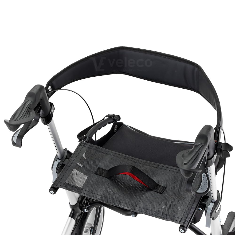 Andador plegable de aluminio Veleco Flexo de 4 ruedas, resistente y ligero, Rollator (Plata)