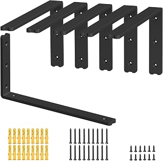 Heavy Duty Shelf Brackets L Shelf Brackets 16 inch, Holds 300 lbs, 0.33 inch Thick for Applications Requiring Extra Strength, Black Shelf Bracket with Hardware 6 Pack (16"x 8")