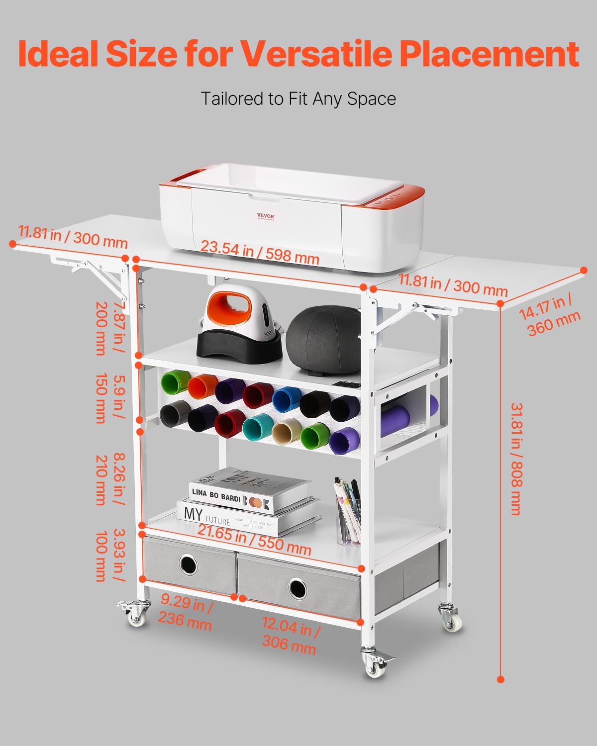 VEVOR Chariot de Rangement, Compatible avec les Plotters de Découpe, Table de Travail Artisanal, avec Côtés Pliables, Organisateur Mobile pour l'Artisanat avec 14 Porte-rouleaux de Vinyle et 2 Tiroirs