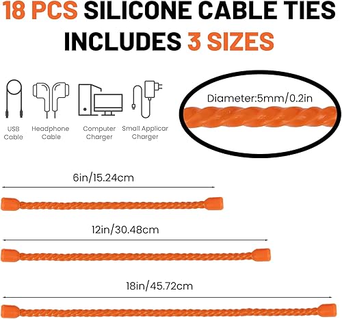 Miniatura 2 de 9 bridas de silicona para cables, reutilizables de 6 pulgadas, lazos de goma flexibles, para organizar, agrupar y enganchar (naranja, 6 pulgadas (9