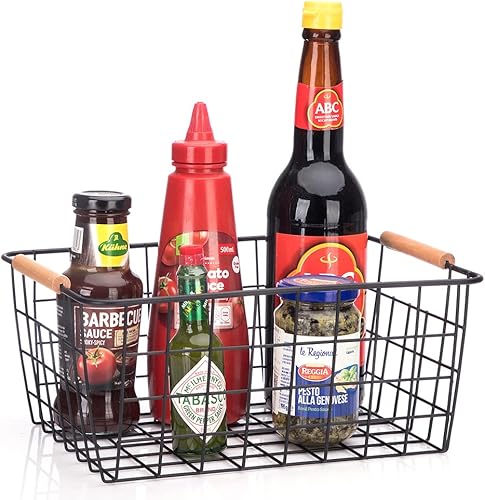 Miniatura 4 de LeleCAT Cestas de alambre con asas de madera, cestas organizadoras de almacenamiento de alambre, refrigerador doméstico para armarios, despensa,