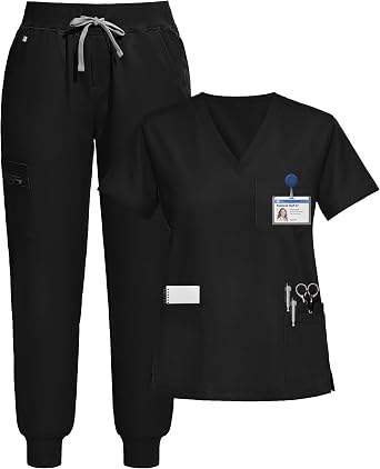 Scrubs for Women Set, Stretchy V-Neck Top & Jogger Pants with Multi-Pocket Yoga Waistband