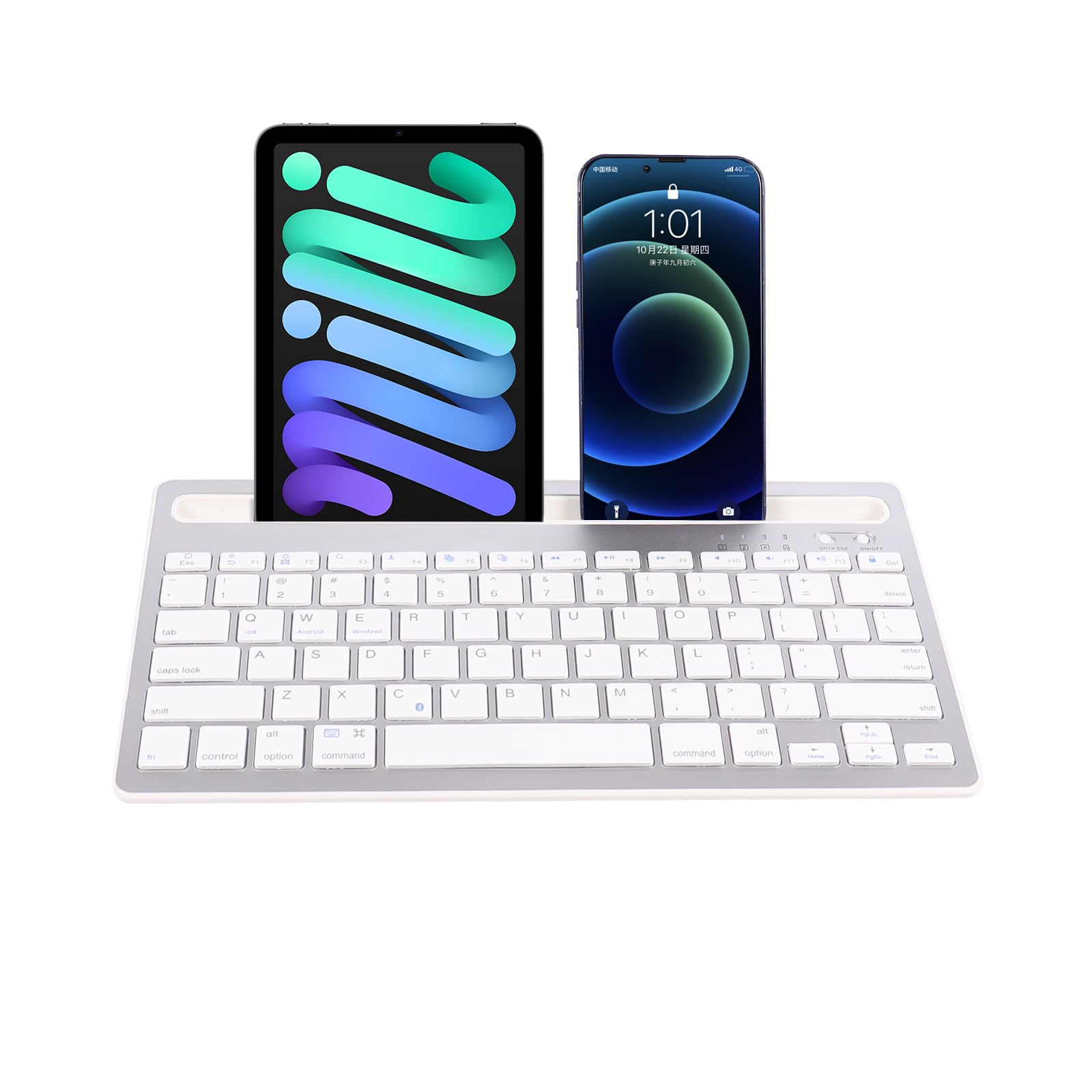 Bluetoothワイヤレスキーボード USB充電式 iPad用 タブレット用キーボード 2台デバイス接続可能 スタンド機能付き コンパクト 静音 薄型キーボード 軽量 英語配列 Windows/Mac/iOS/Android対応 シルバー