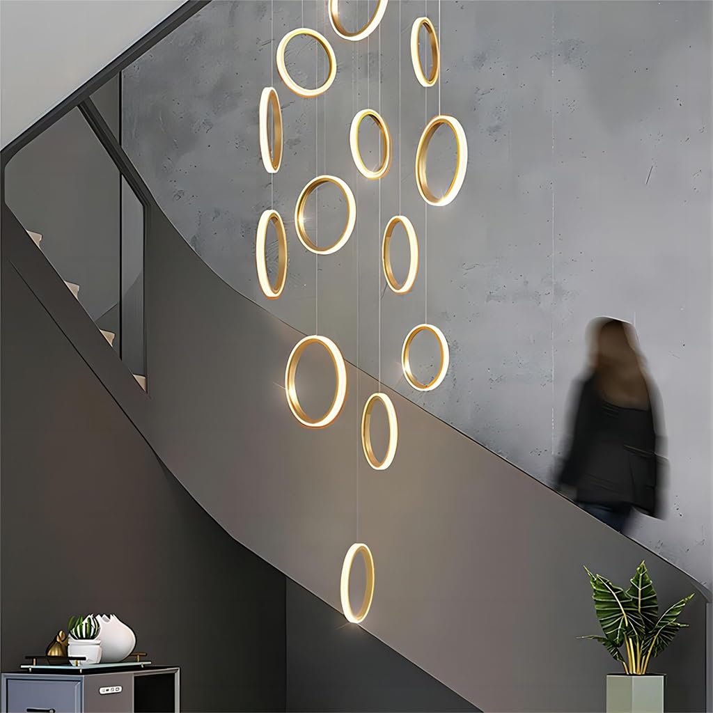 PCXEHUYP Modern 15-Light Chandelier Pendant Lighting - Dimmable LED Stair Light with Remote Control, Elegant Gold Aluminum Ring for High Ceilings, Villa Foyer & Staircase Decor
