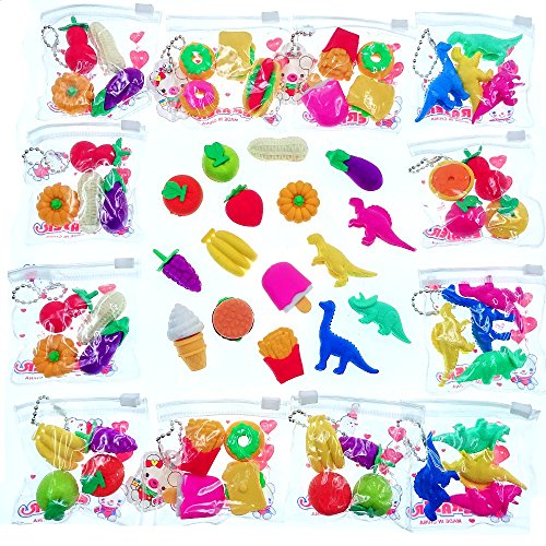 JZK 16 Bags Vegetable Cake Fruit Dinosaur Novelty Pencil Eraser Rubber Toy for Children Birthday Favours for Kids Party Bag Filler Thank You Gift for Girls Boys