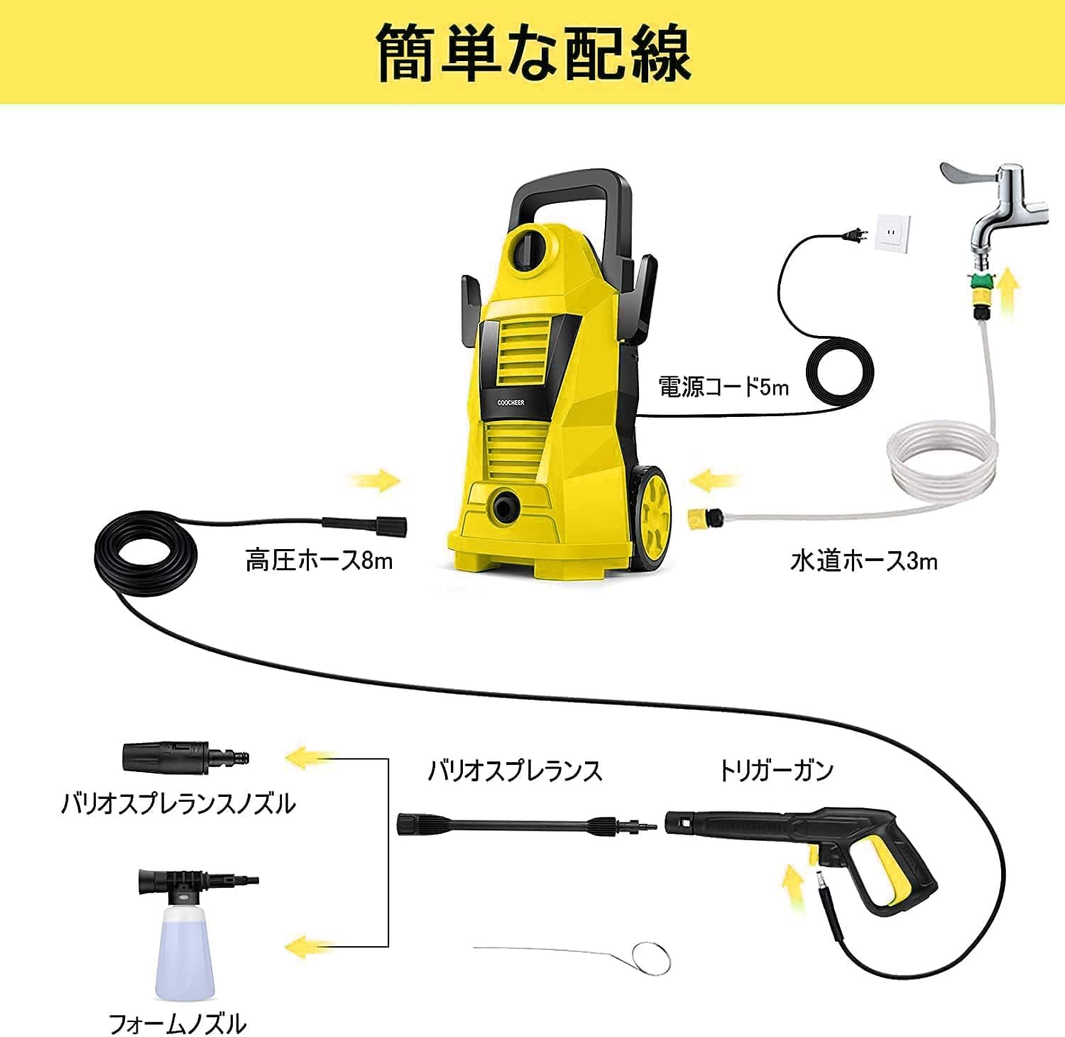 Amazon | COOCHEER 高圧洗浄機 1500W 最大吐出圧力12MPa 50Hz