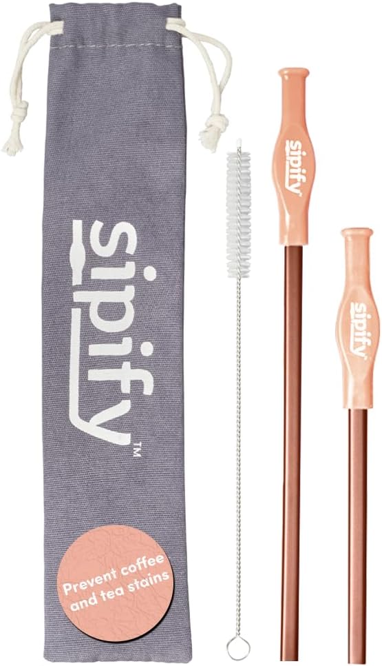 Protect Teeth from Coffee & Tea Stains - Maintain Teeth Whitening - Reusable Straws for Hot Drinks by Sipify - Anti-Wrinkle Stainless Steel Straws with Silicone Cover Aerate to Protect from Scalding