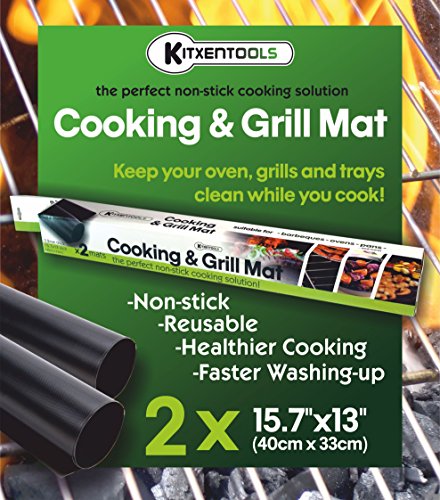 Kitxentools BBQ Grill Mat - Set of 2 Easy to Clean Non-Stick Grilling Mats - 15.75 x 13 Inch - Reusable Mats for Cooking or Grilling with Gas Grills Charcoal or Electric Barbecue Grills