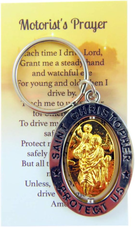 St Christopher Metal Keychain Travel Saint Key Ring with Motorist Prayer Holy Card Set