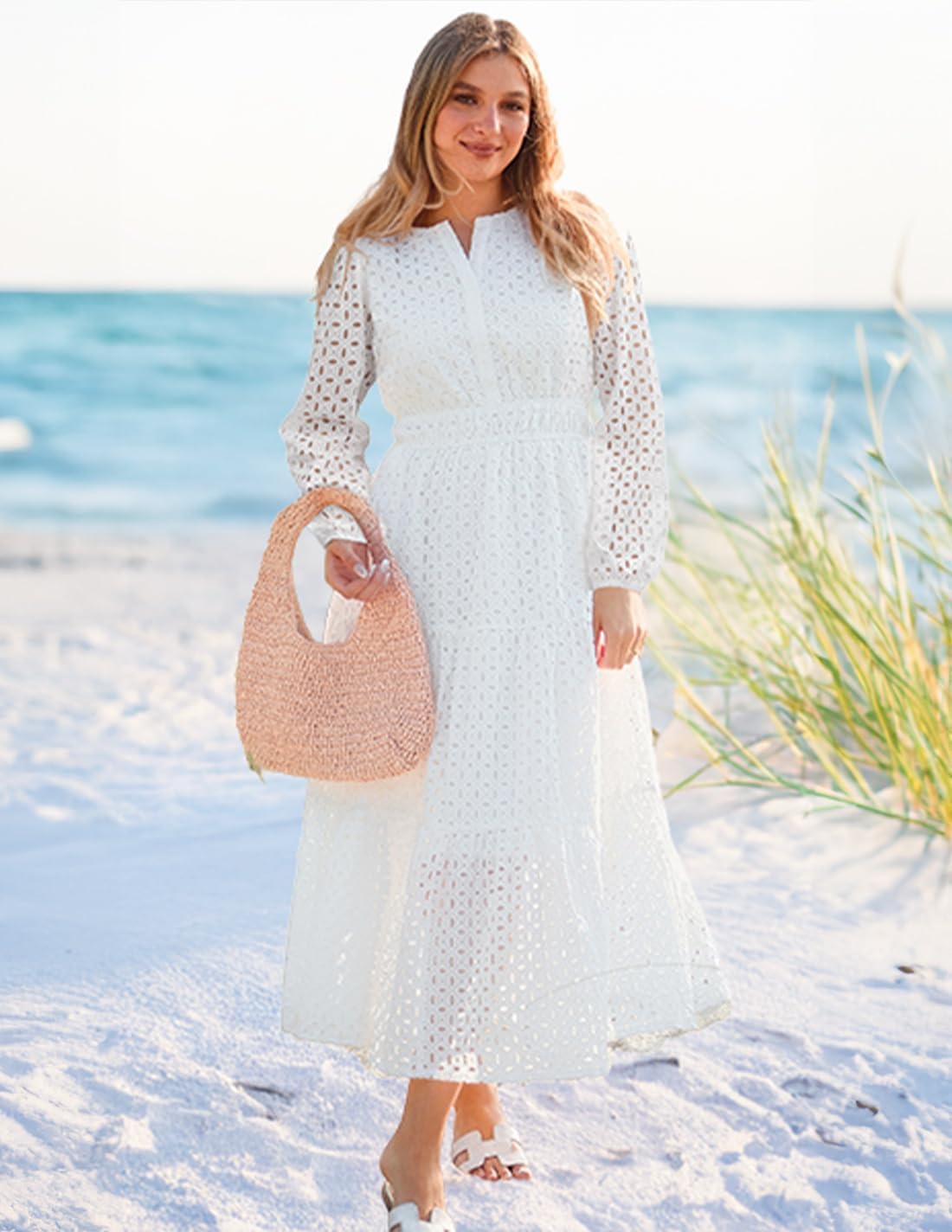 ZESICA Women's 2026 Spring Long Sleeve Maxi Dress V Neck Hollow Out Eyelet A Line Long Flowy Casual Party Dresses - Image 7