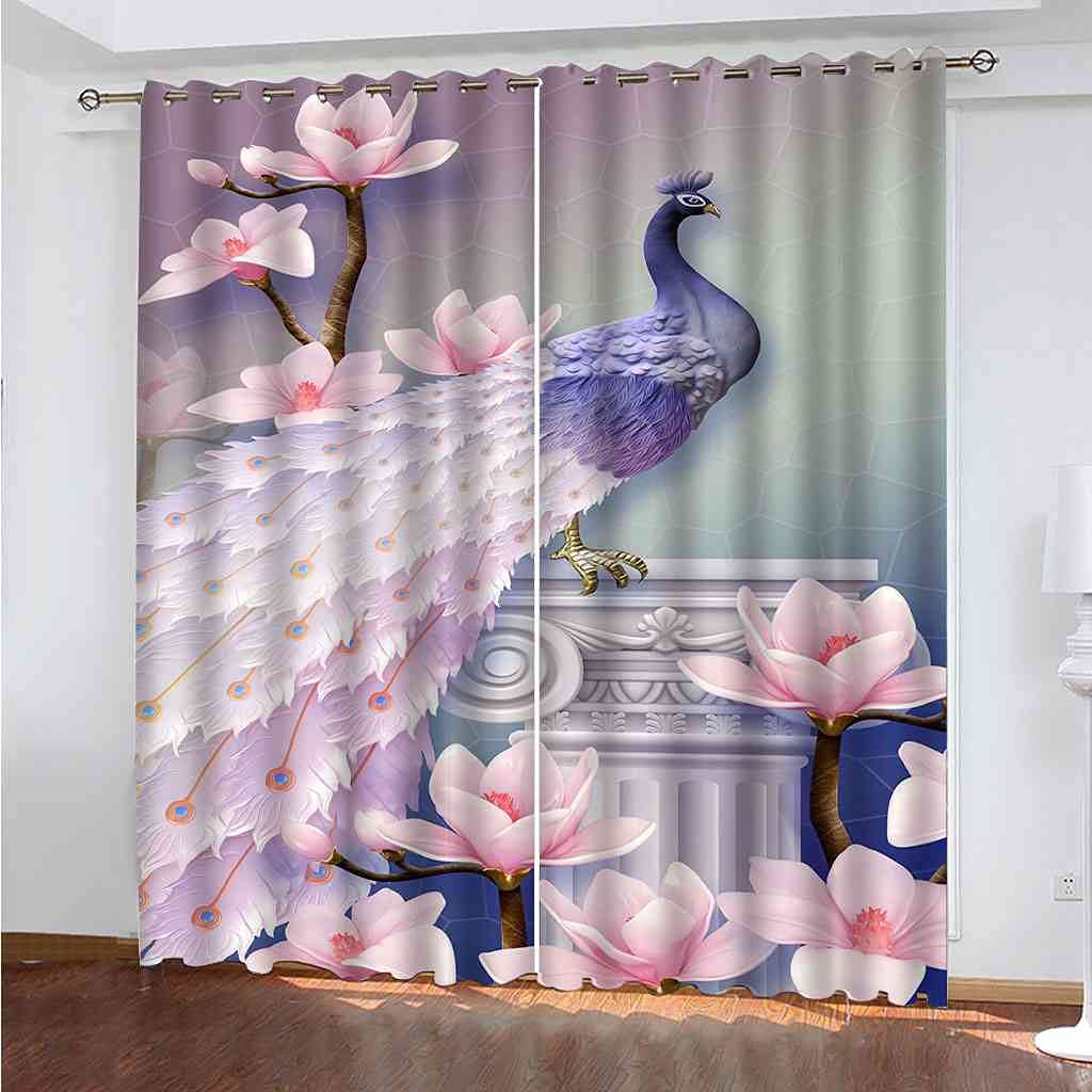 Rideau occultant paon fleurs roses 264x242 cm pour salon et chambre