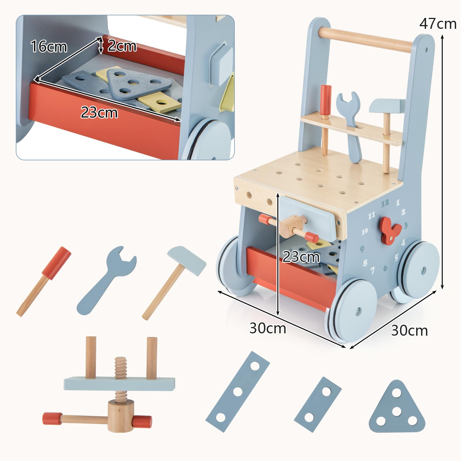 LIFEZEAL Chariot de Marche Bébé en Bois, Trotteur Bebe Evolutif avec Rangement & 12 Jouets Montessori, 4 Roulettes, Garçon Fille 3+ mois