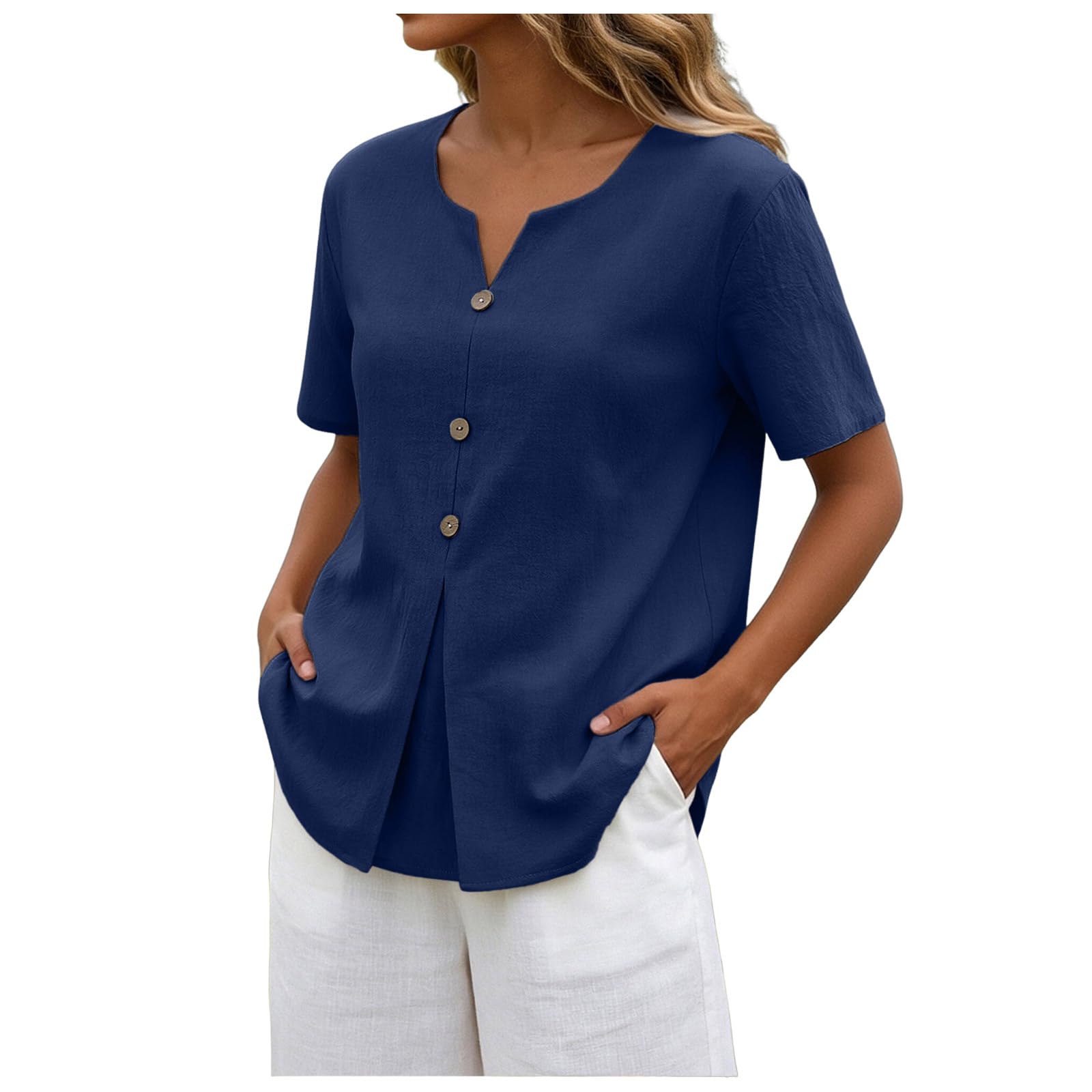 Generico Camicie Tipo Camisa De Lino per Donna La delle Donne in Top Camicia da Donna Camicia da in Lino, Elegante Elegante, con Collo a V, Maniche Camicie Eleganti, Cullo, Gasa, Tops De Negocios