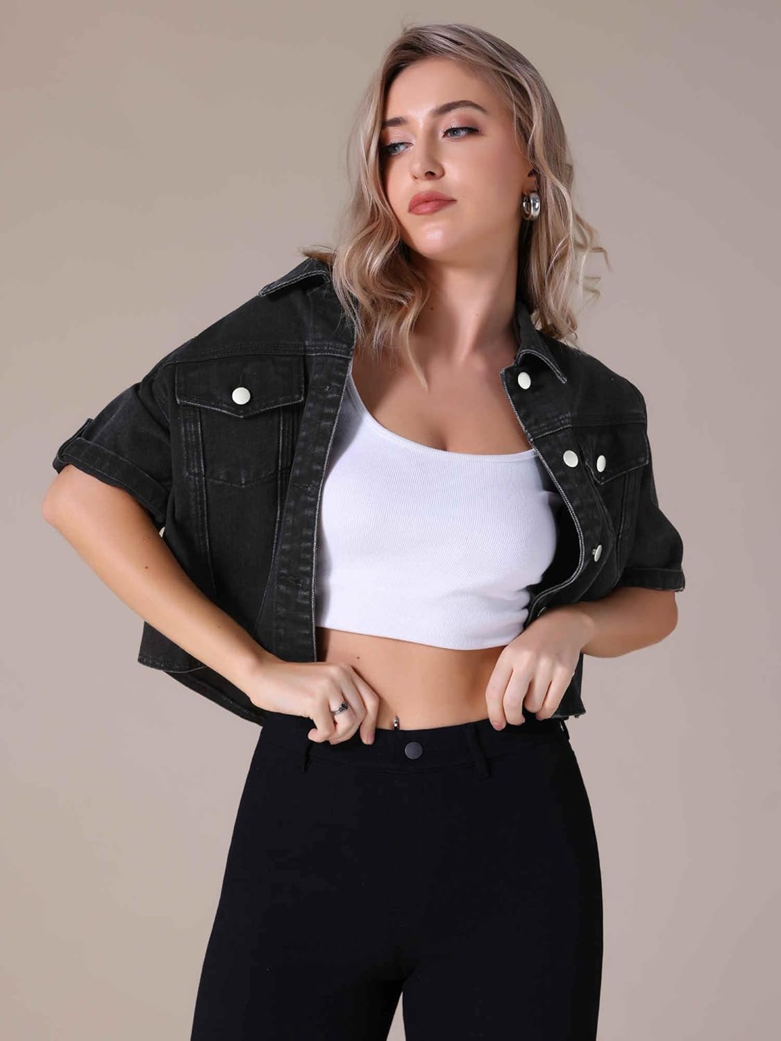 Womens Spring Cropped Jean Jacket Collared Button Up Short Sleeve Denim Jackets - Image 3