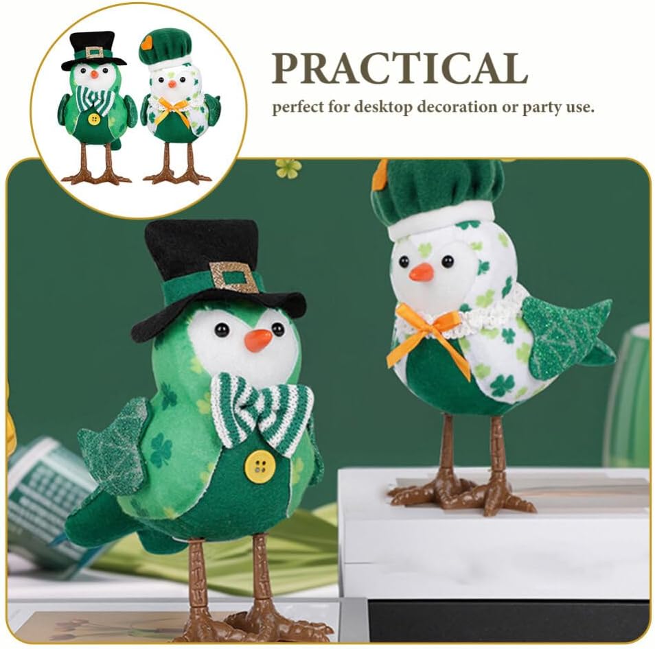 ABOOFAN 2pcs Plush Bird Decoration for St Patrick's Day, Decorative Lighted Bird Figurine with Hat, Holiday Tabletop Centerpiece, St Patrick's Day Supplies