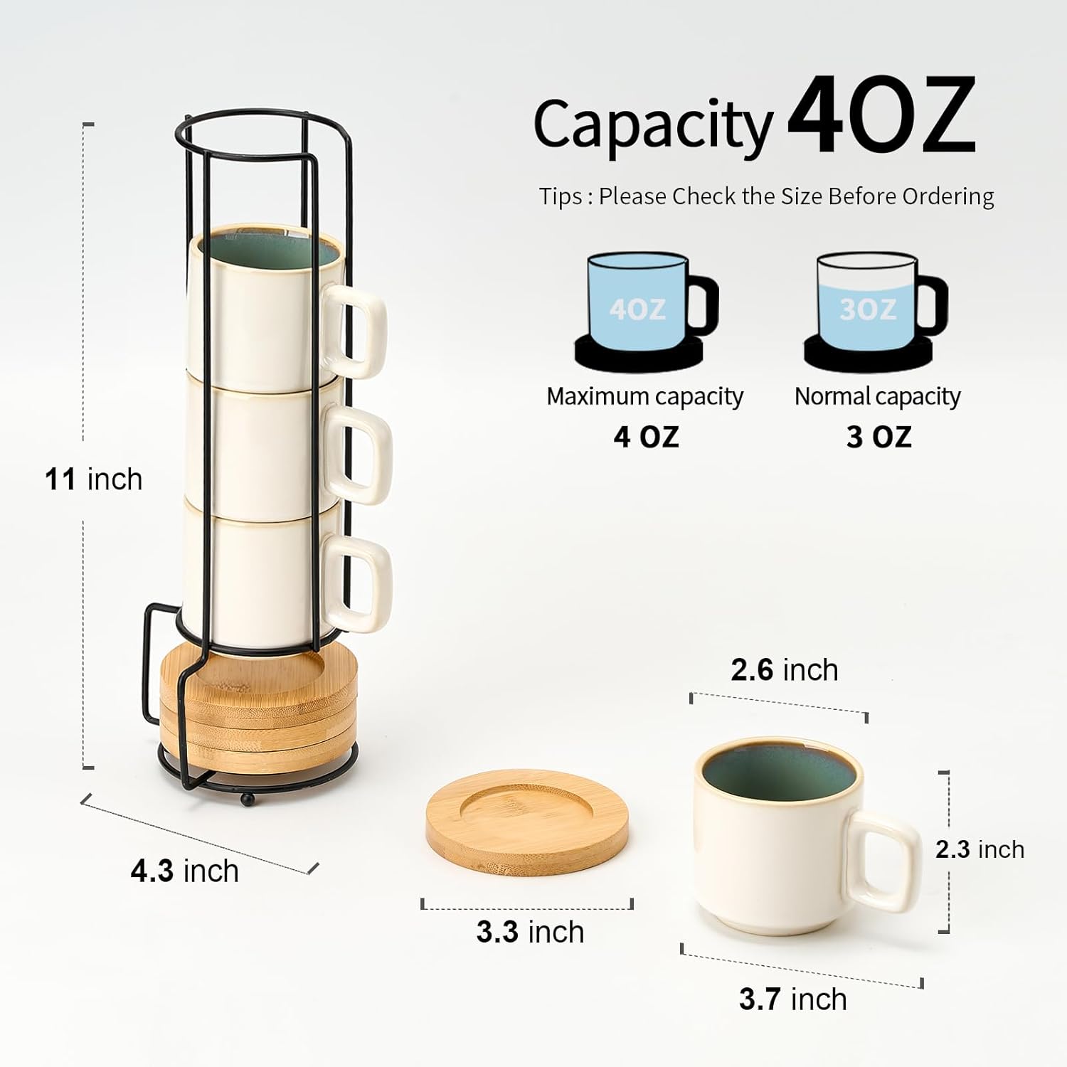 LUKA Porcelain Stackable Espresso Cups with Saucers and Metal Stand, 4 Ounce Small Ceramic Demitasse Cups Set for Latte, Specialty Coffee Drinks, Cafe Mocha,Tea - Set of 4, White Green Interior - Image 3