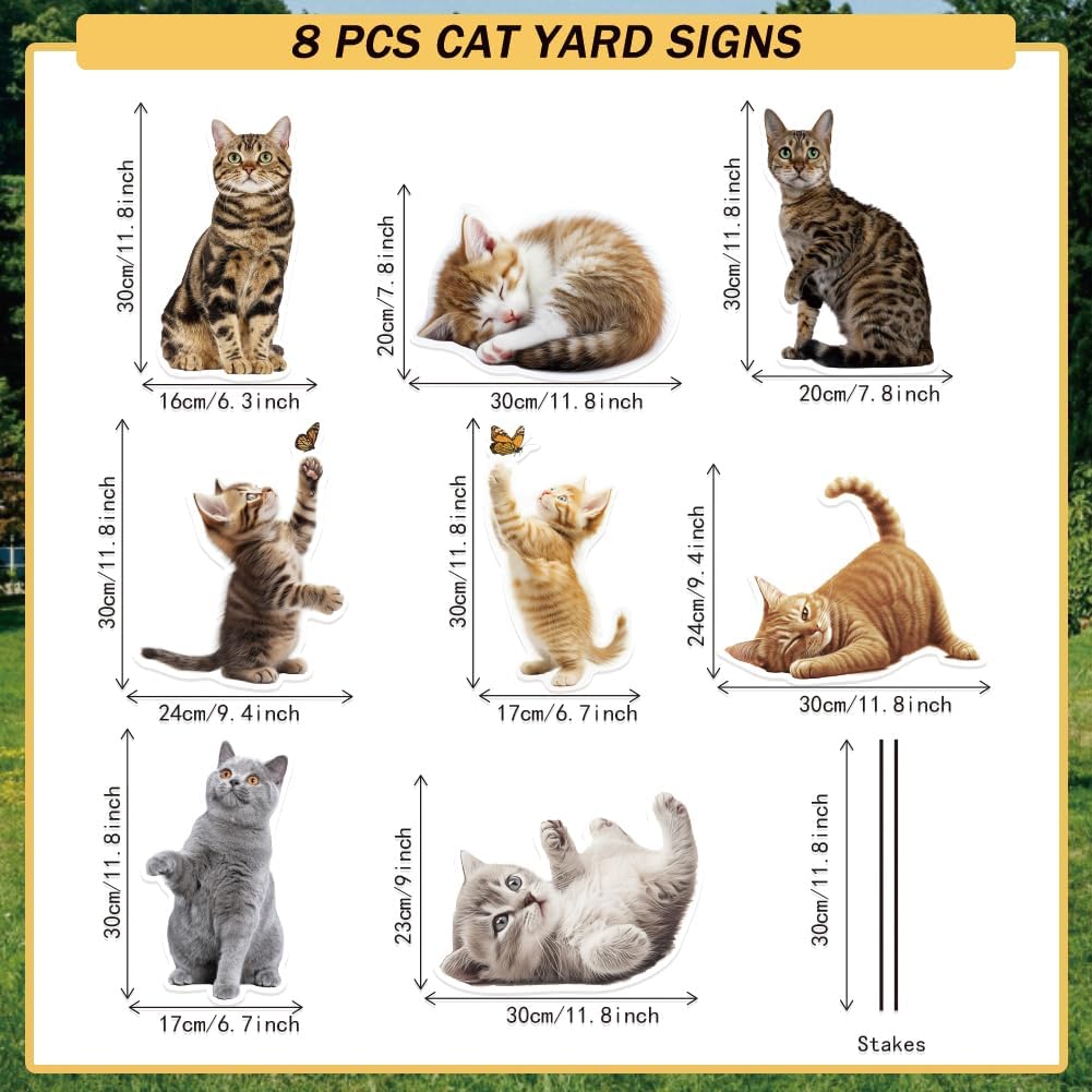 SUPERDANT 8Pcs Cat Yard Sign with 16 Stakes Cute Kitten Party Lawn Decorations Cat Theme Party Waterproof Sign Yard Outdoor Lawn Decorative Sign for Garden Lawn Birthday Decoration