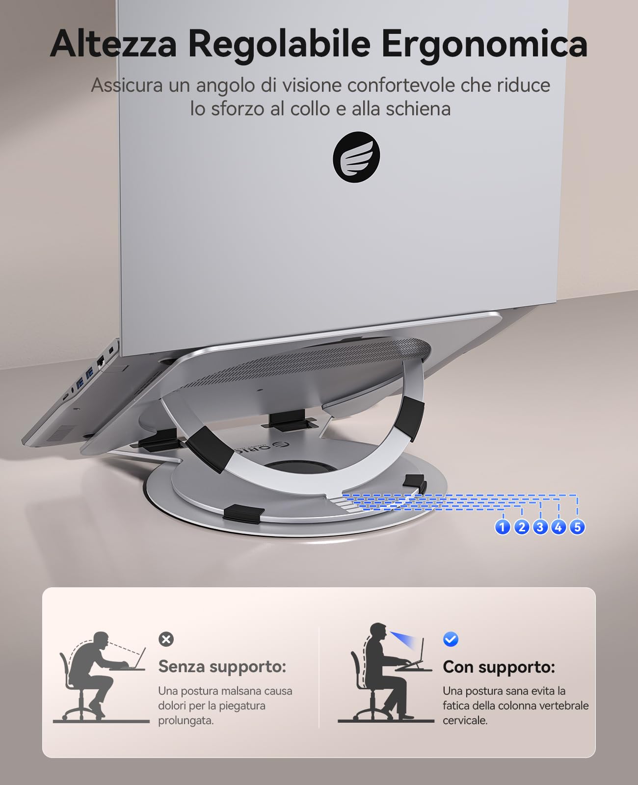 ORICO Supporto PC Portatile Regolabile, Laptop Stand Ventilato con Base Girevole a 360°, Supporto Laptop Ergonomico Pieghevole per Scrivania, Compatibile con Notebook da 10-17" - NS1, Argento