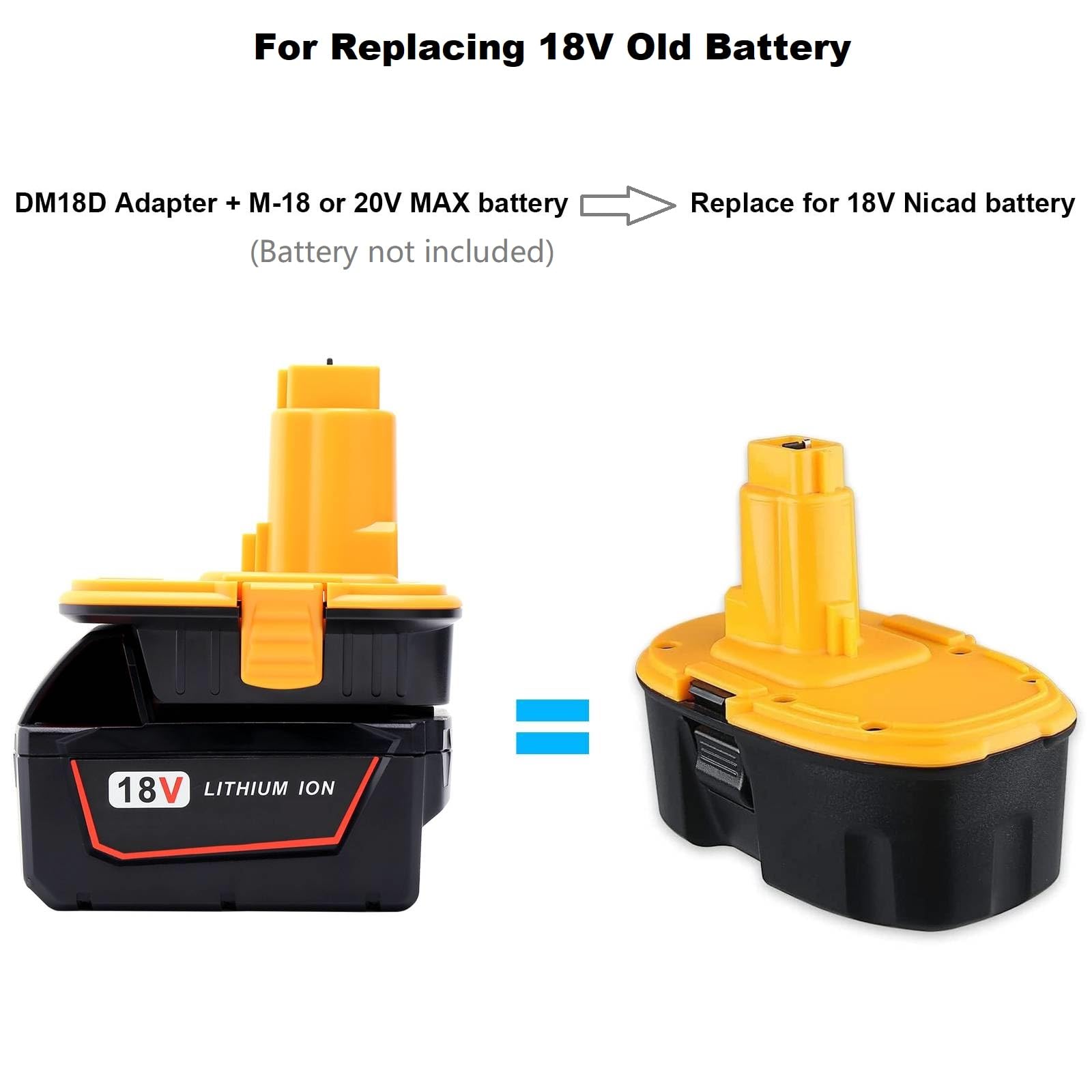 Paquete de 2 adaptadores de batería DM18D compatibles con herramientas Dewalt de 18 V, compatible con Dewalt de 20 V y compatible con batería de iones de litio Mil-waukee de 18 V convertida en