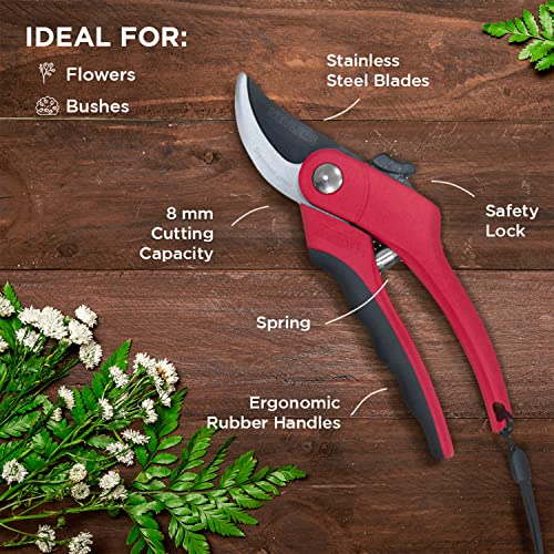 Nevlers 8" Bypass Pruning Shears For Gardening | Garden Shears With Stainless Steel Blades & 8Mm Cutting Capacity| Professional Garden Scissors | Heavy Duty Gardening Hand Tools | Red Gardening Shears #TOP2