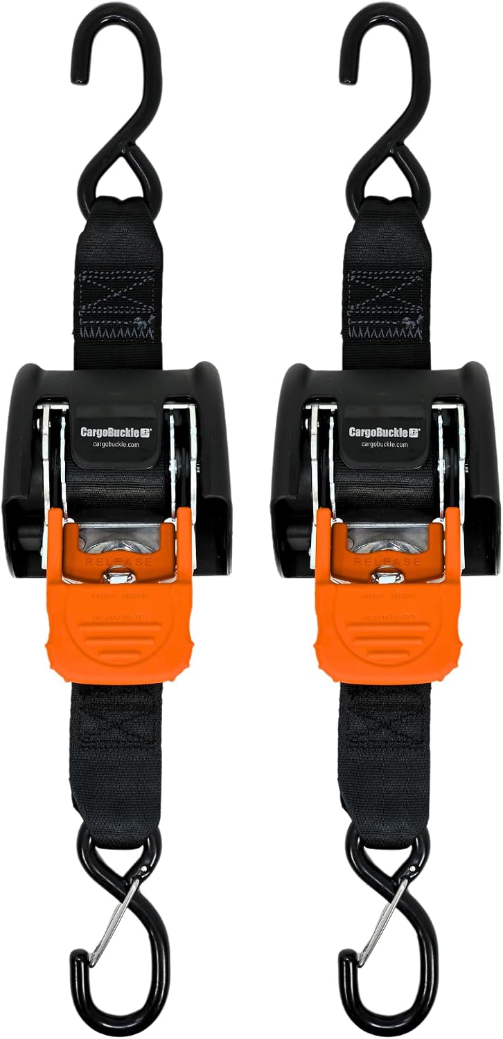 CargoBuckle G3 2-Inch Retractable Ratchet Tie-Down System - Heavy Duty Straps with Dual S-Hooks, 2,500 lbs Break Strength, 2-Pack