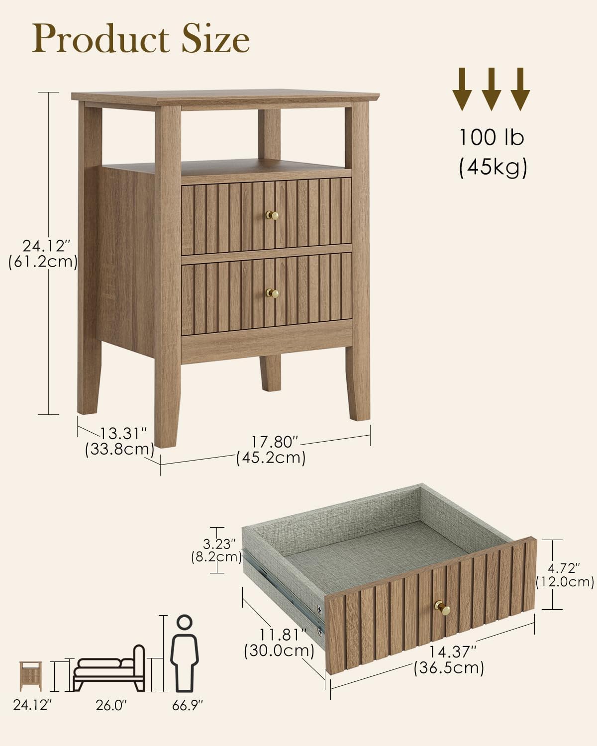 apetaccat fluted nightstand, farmhouse night stand with 2 drawers, mid century modern side accent table,bedside end table for bedroom, living room, natural 2 drawers natural