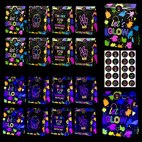 XJLANTTE Glow Neon Party Gift Bags - 20 Pcs Neon Goodie Bag Favor Bags with Stickers Fluorescent Colored Paper Treat Bag for Birthday Family Union Glow in The Dark Party Supplies