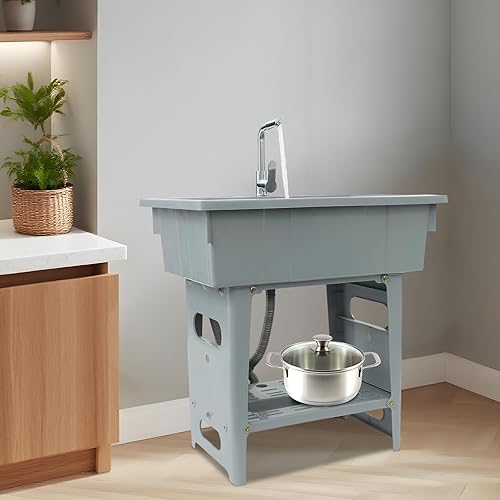 Miniatura 4 de Fregadero de plástico independiente con tabla de lavar y grifo de agua fría caliente giratorio de 360 , lavabo de lavandería para lavadero, estación