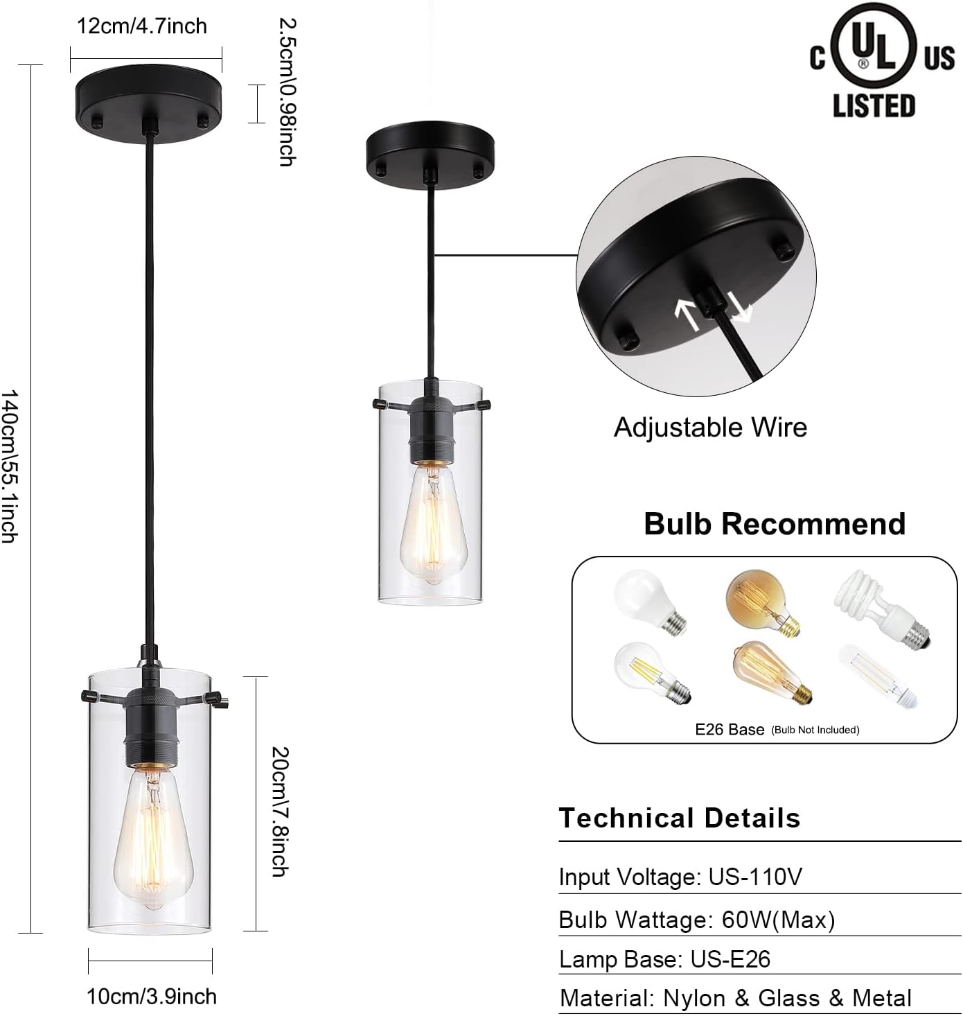 Industrial Transparent Pendant Light, Modern Small Cylindrical Glass Hanging Light Fixtures with Clear Lamp Shade, Adjustable Nylon Core Height Lighting for Kitchen Island 3 Packs(Bulb Not Included)
