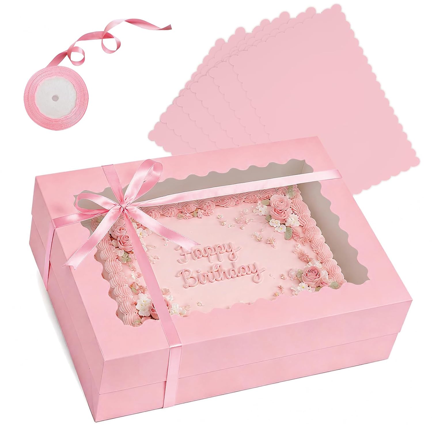 qiqee 14x10x4in Sheet Cake Box, Pink Quarter Bakery Box with Boards 6 Sets