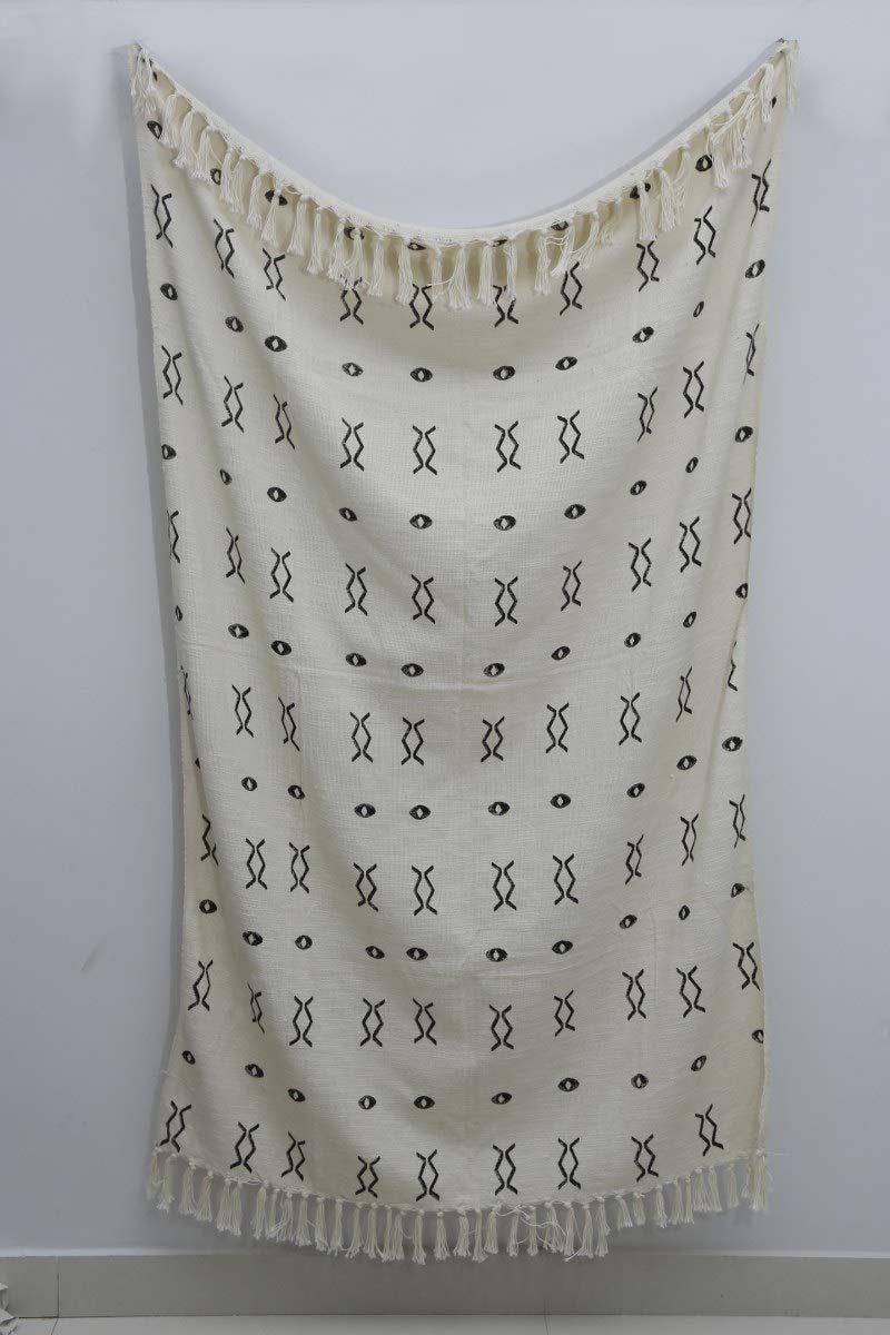 Trade Star100% Cotton Soft Tassel Blanket, Handloomed Housewarming Gift, Indian Block Print Throw Blanket Handmade Sofa Throw for Living Room (Off White, Zen (120 x 170 Cms))