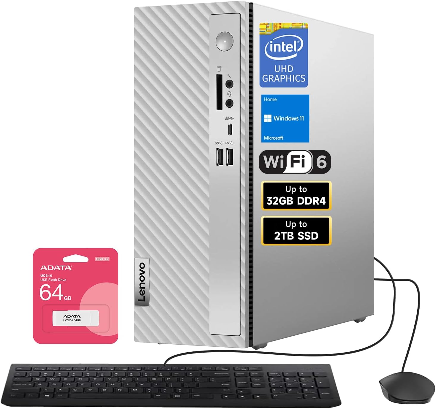 Lenovo IdeaCentre Powerful Performance Tower Desktop, 4-core 13th Processor, 32GB RAM, 1TB SSD, Wi-Fi 6, SD Card Reader, US Wired KB & M, Win 11 Home, Silver, Bundle with ADATA 64GB USB Flash Drive