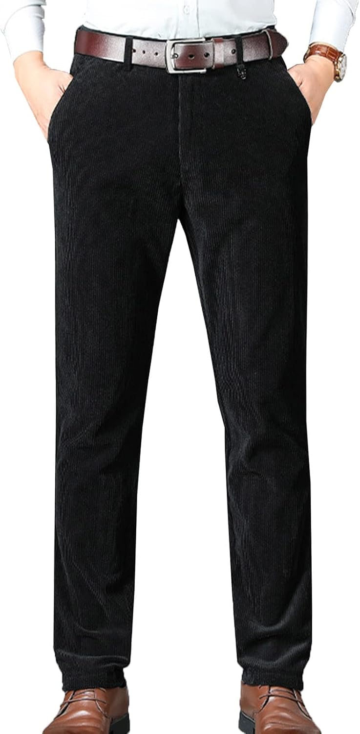 Men's Formal Corduroy Suit Pants Flat-Front Straight Dress Pants Office Trousers