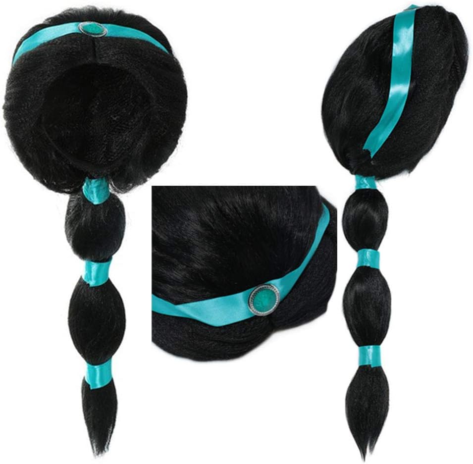 Arabian Princess Wig for Girls Black Braid with Tiara Princess Dress Up Costume Cosplay Halloween Accessories for Kids