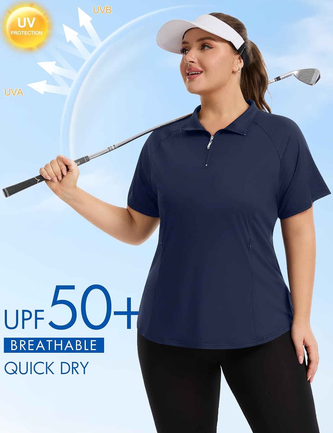 Womens Plus Size Workout Golf Polo Shirt UPF 50+ Loose Fit Tennis Tops Zip Up V Neck Fat Lady Sports Apparel with Pocket