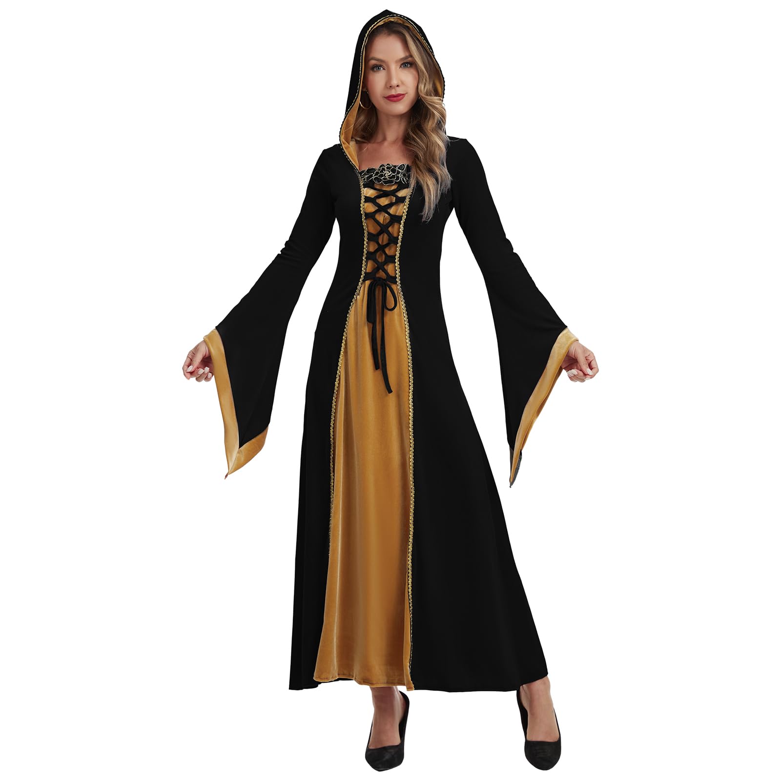 rumnigh Medieval Women's Hooded Dress Renaissance Vintage Velvet Victorian Costume Dress for Halloween Carnival Party (Black, M)