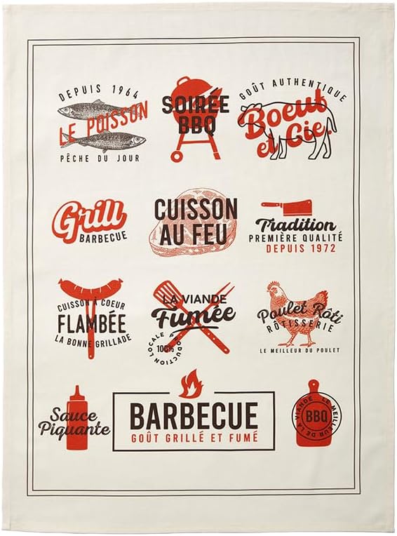 Coucke French Cotton Digitally Printed Tea Towel, Grillades Design, 20-Inches by 30-Inches, 100% Cotton