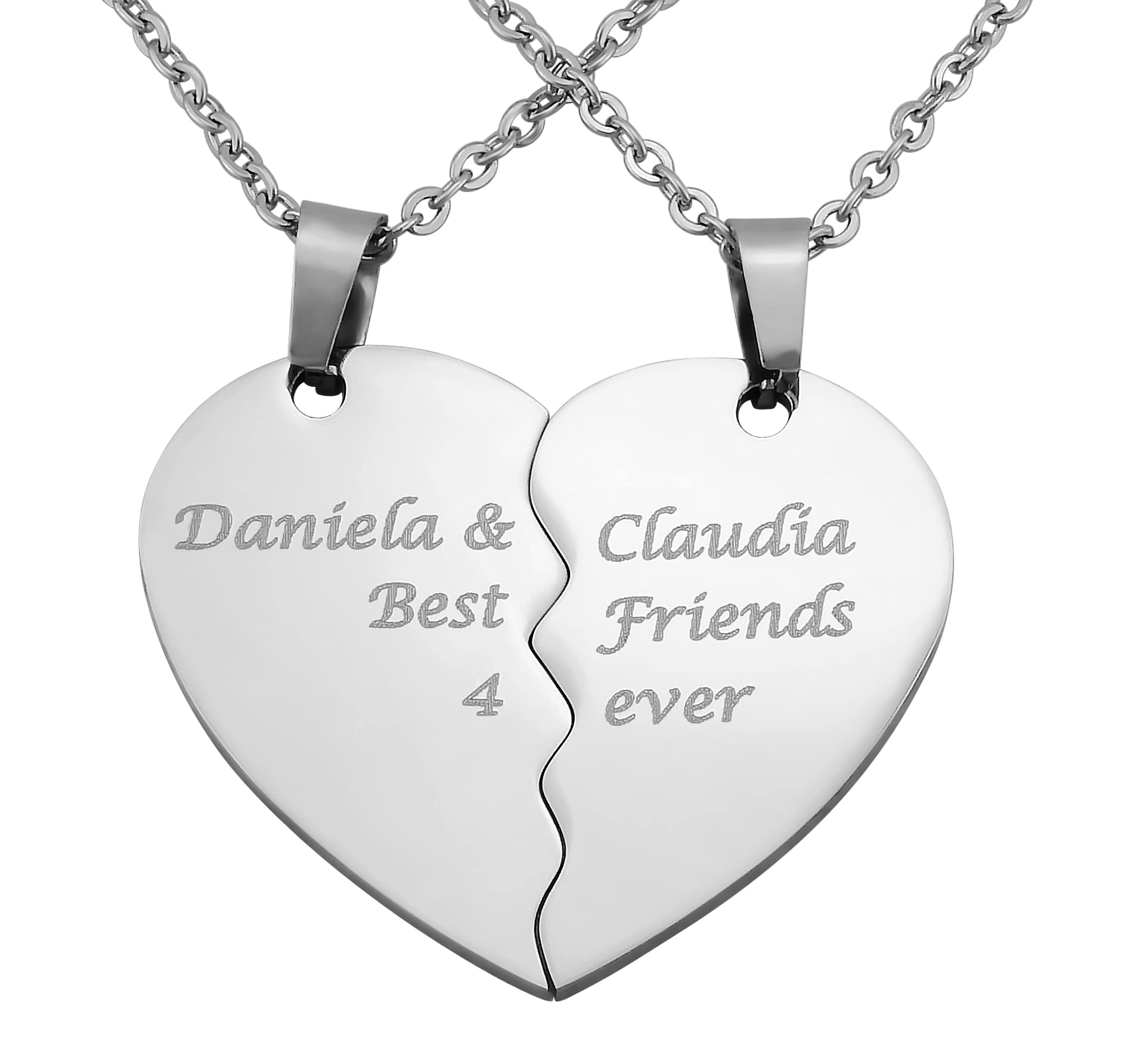 2 Stück Personalisierte Kette mit Gravur Edelstahl 60 cm mit Anhänger Herz Puzzle in silber - Personalisierte Geschenke für Damen Herren Freundin Freund - Partner Halskette für Sie und Ihn
