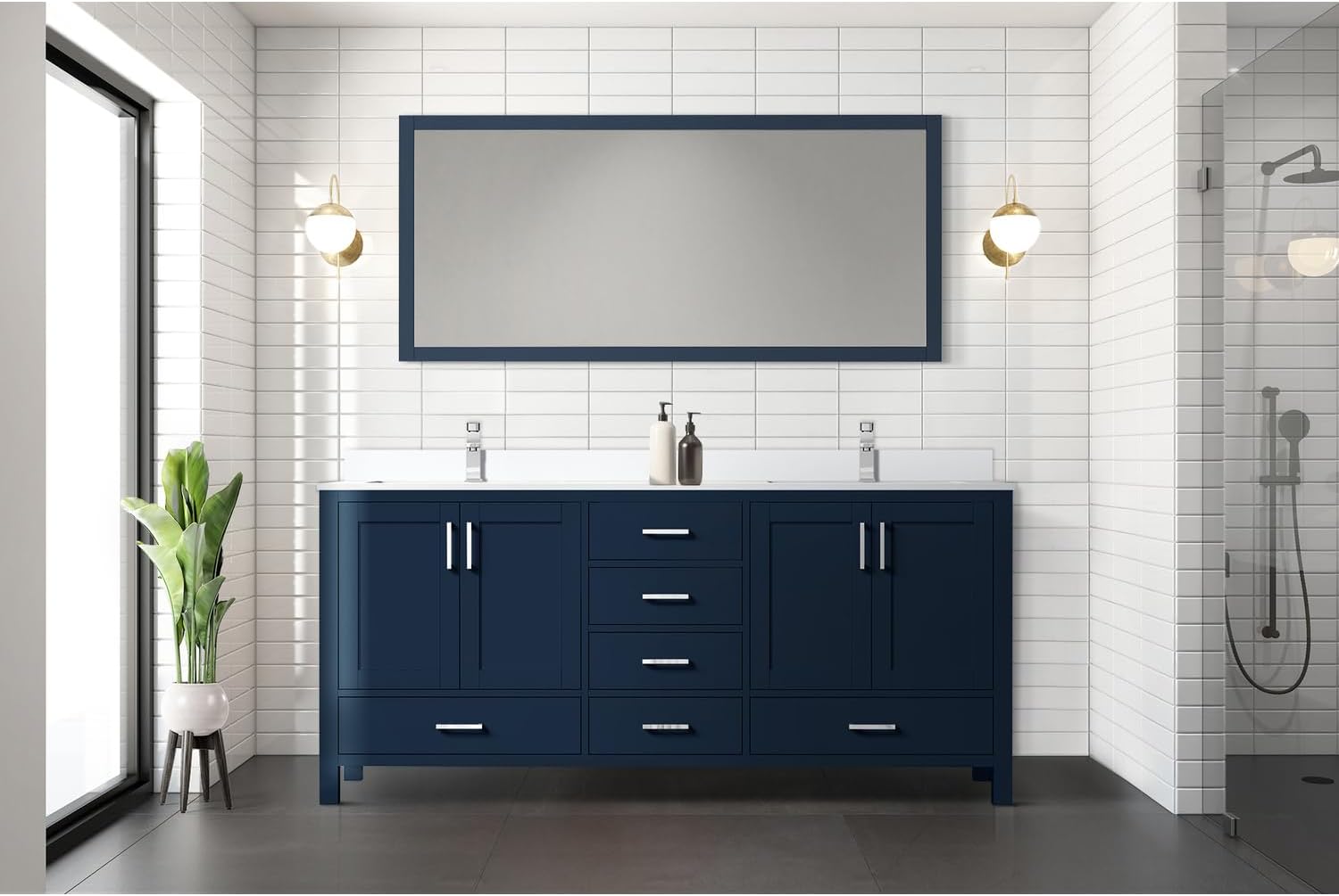 Navy Blue Bath Vanity - White Quartz Top & Faucet Set 72" - Double