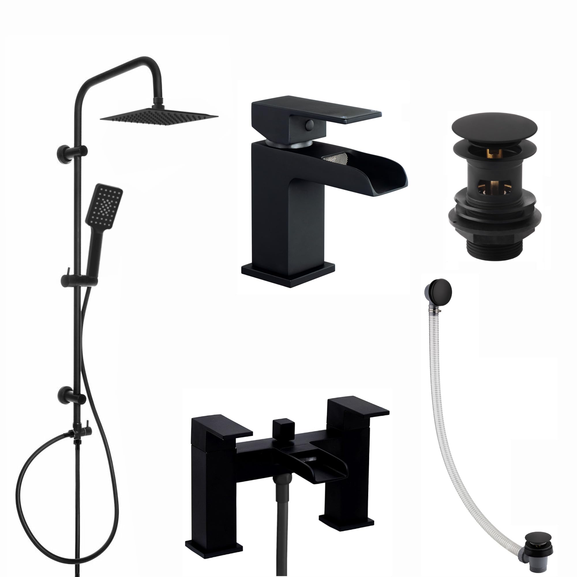 Enki Black Plaza, Bbt0259, Matte Tap Bundle Incl. Bath Shower Mixer Tap With Dual Riser Rail, Basin Mixer, Bath And Basin Wastes