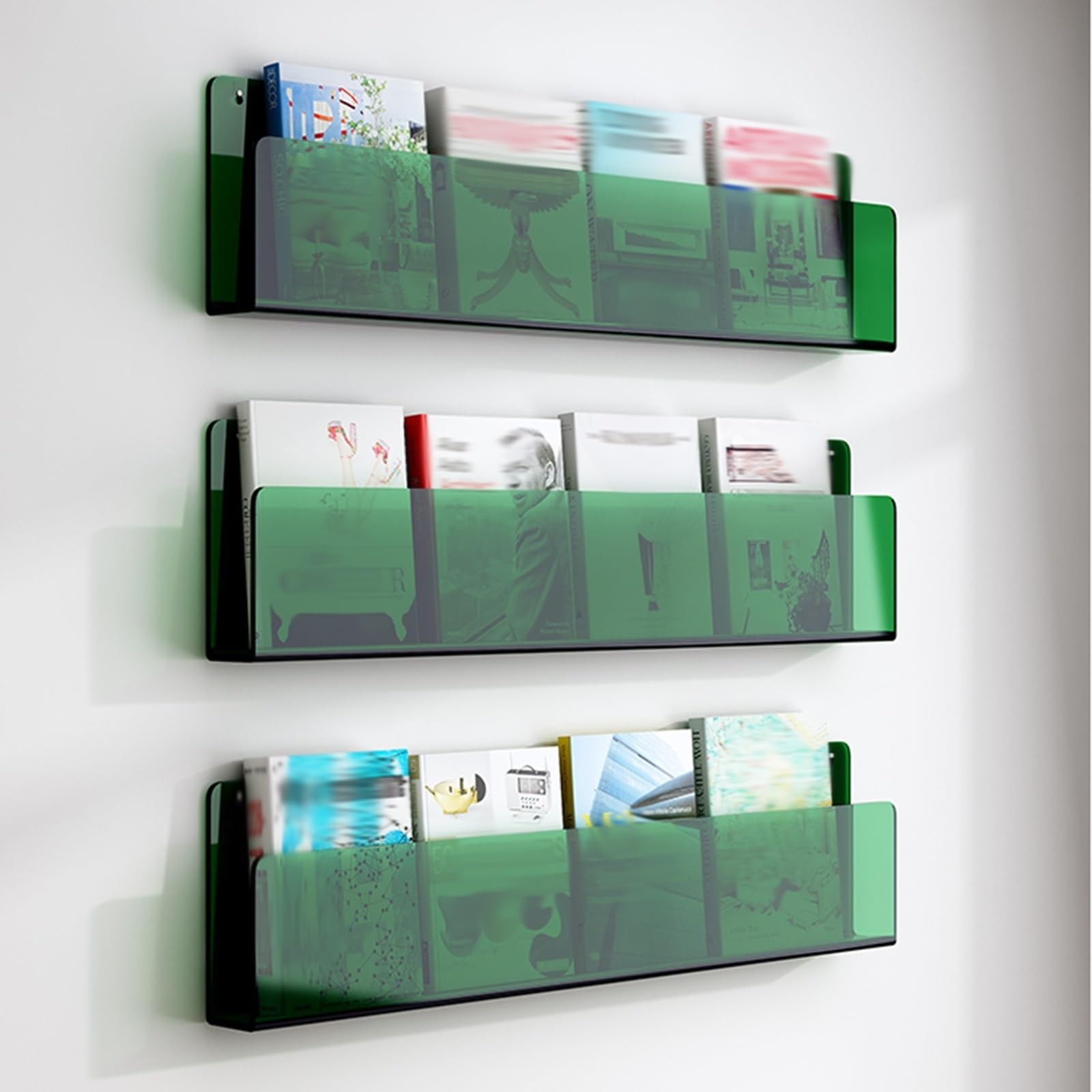 SAeWare 3 portariviste da parete in acrilico, da appendere, salvaspazio, per brochure, libreria, per camera da letto, stanza dei giochi, cameretta dei bambini, verde, L 60 cm
