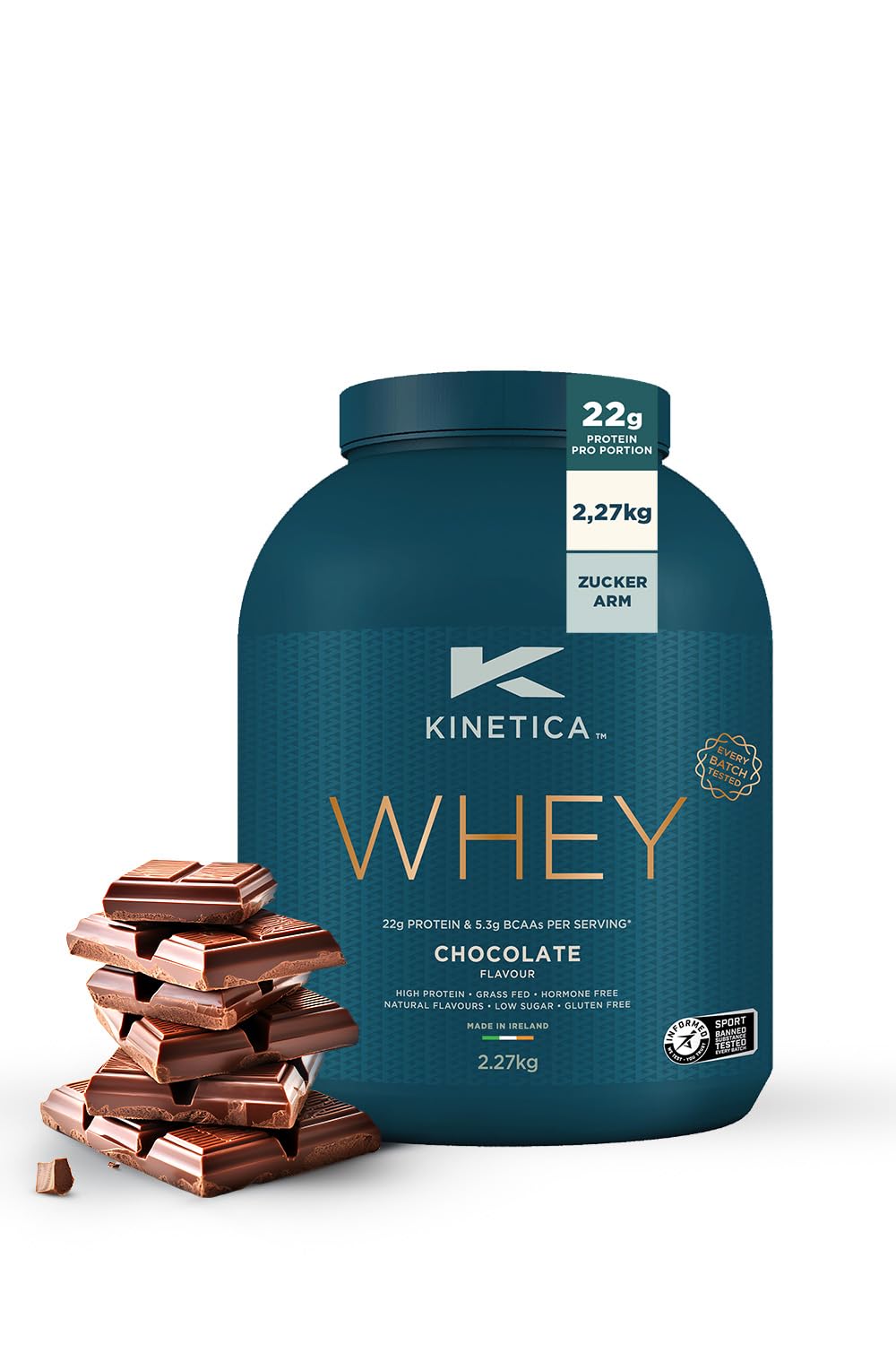 Kinetica Sports Whey Proteinpulver - Schokolade | 22g Protein/Portion, 76 Portionen/2.27kg Packung | Glutenfrei | Optimal für Muskelaufbau & Regeneration | Löst sich gut in Wasser, Milch & Shakes